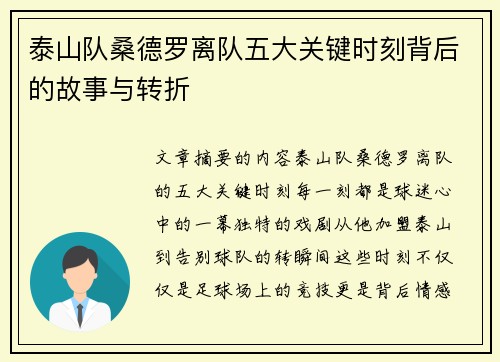 泰山队桑德罗离队五大关键时刻背后的故事与转折
